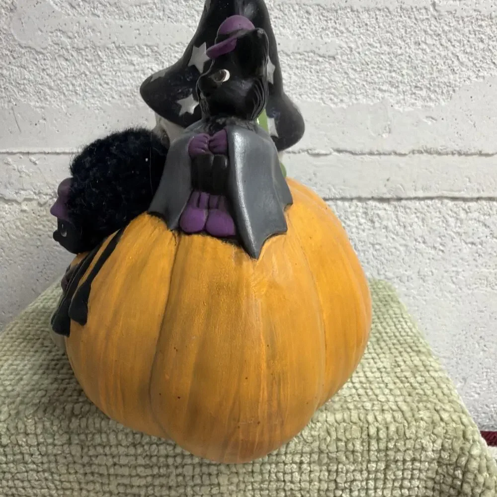 Vtg Signed Ceramic Cat Pumpkin Decor w/ Witch Hat Spider Bat Hand Painted